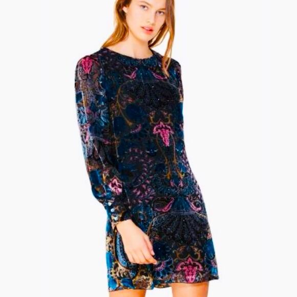 HALE BOB Odile Medallion Silk/Rayon Velvet Burnout Beaded Dress Women Sz S Black - Picture 12 of 12